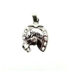 pendentif en argent motif tête de cheval avec son fer porte bonheur .-bijouxbijoux.ch