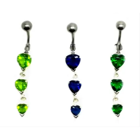 piercing de nombril avec trois coeurs de cristal de couleur à un super bon prix.- bijouxbijoux.ch